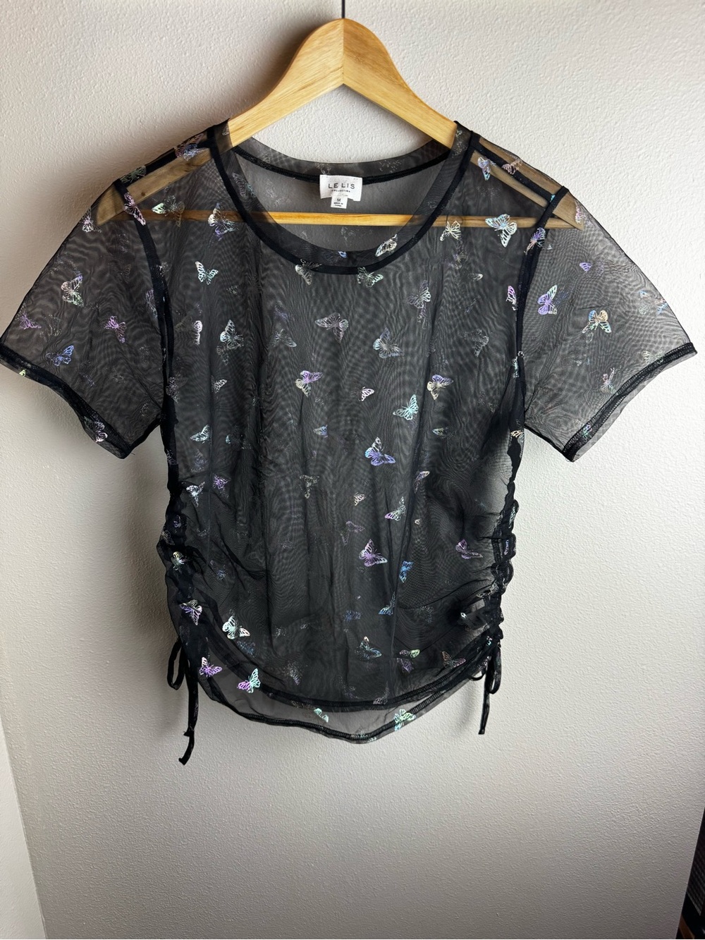 Le Lis Black Sheer Butterfly Mesh Short Sleeve Top